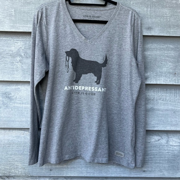 Life Is Good V-Neck Crusher T-Shirt Long Sleeve Anti-Depressant Dog Lover Large - Picture 1 of 9
